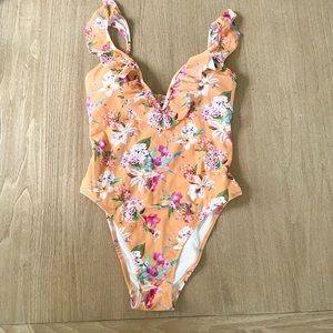 Express Printed Ruffle V-wire One Piece Swimsuit